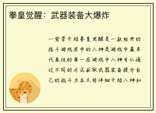 拳皇觉醒：武器装备大爆炸